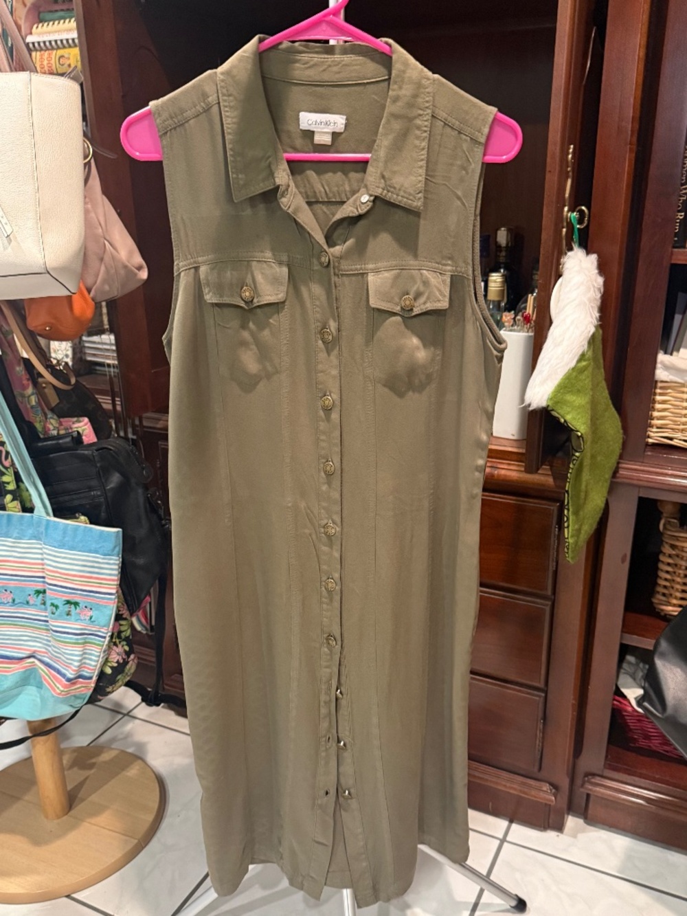 Calvin Klein Olive Green Sleeveless Midi Shirt Dress